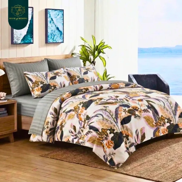 Twilight Eden: Complete 6-Piece Cotton Sateen Luxury Duvet Cover Ensemble with Exotic Botanicals