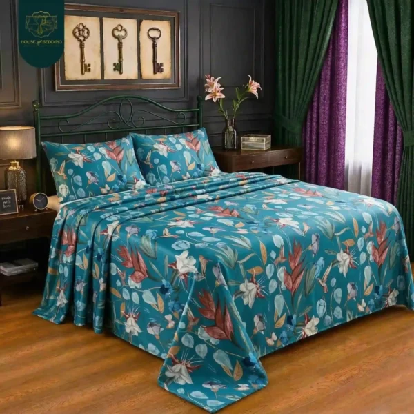 Teal Hummingbird Signature – Premium Cotton Sateen Printed Bedsheet Set (3-Pc)