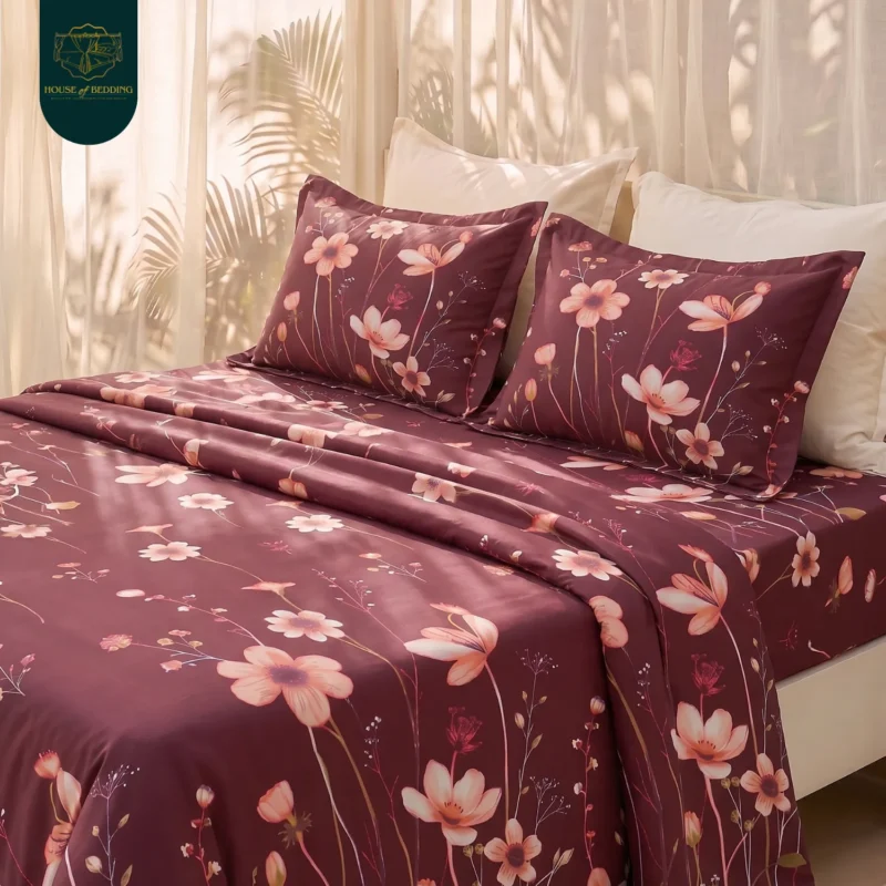 Mughal Burgundy & Peach Floral: 3-Pc Bedsheet Set