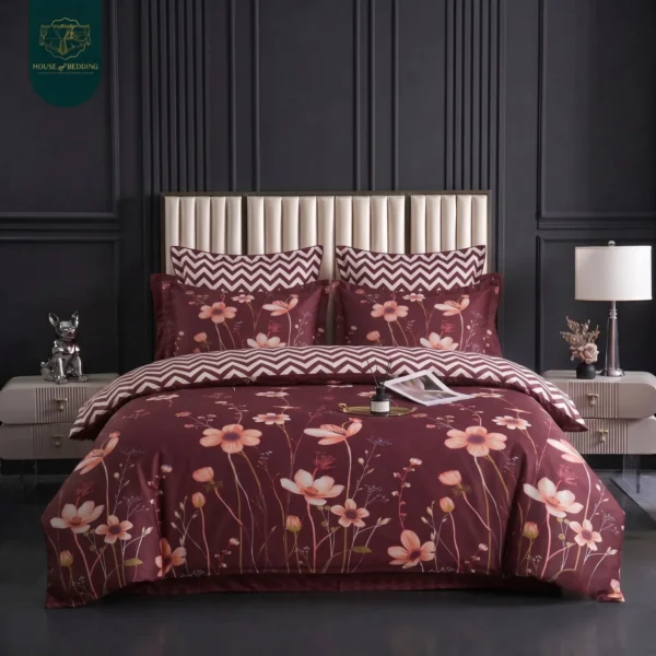 Mughal Burgundy & Peach Floral 6-Pc All-Season Cotton Razai Set