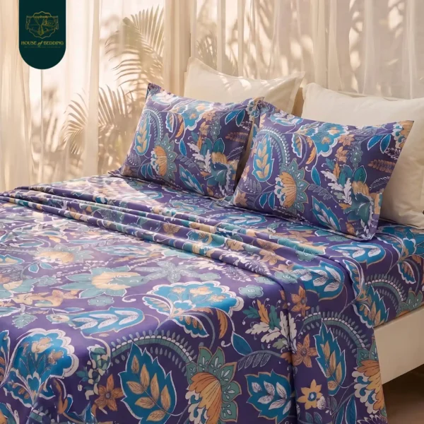 Kashmiri Indigo & Teal Paisley: 3-Pc Cotton Bedsheet Set