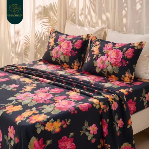 Shab-e-Gul Black & Fuchsia Floral: 3-Pc  Cotton Bedsheet Set