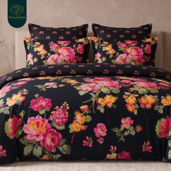 Shab-e-Gul Black & Fuchsia Floral 6-Pc All-Season Cotton Razai Set