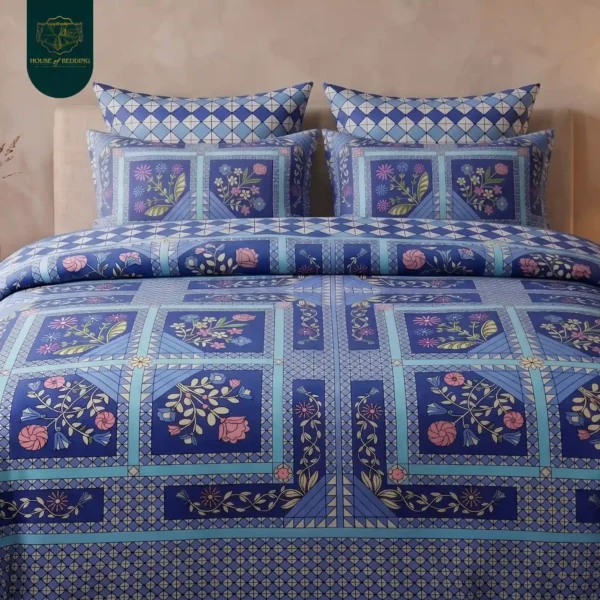 Multani Blue & Gold Tile Motif 6-Pc All-Season Cotton Razai Set