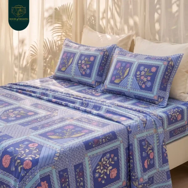 Multani Blue & Gold Tile Motif: 3-Pc  Cotton Bedsheet Set