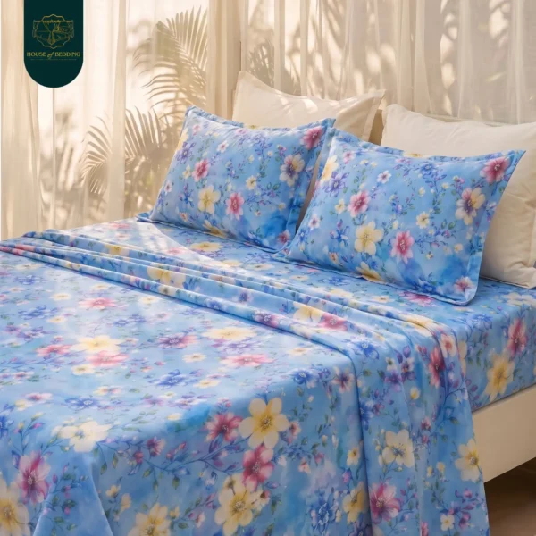 Neelam Blue & Purple Blossom: 3-Pc Bedsheet Set